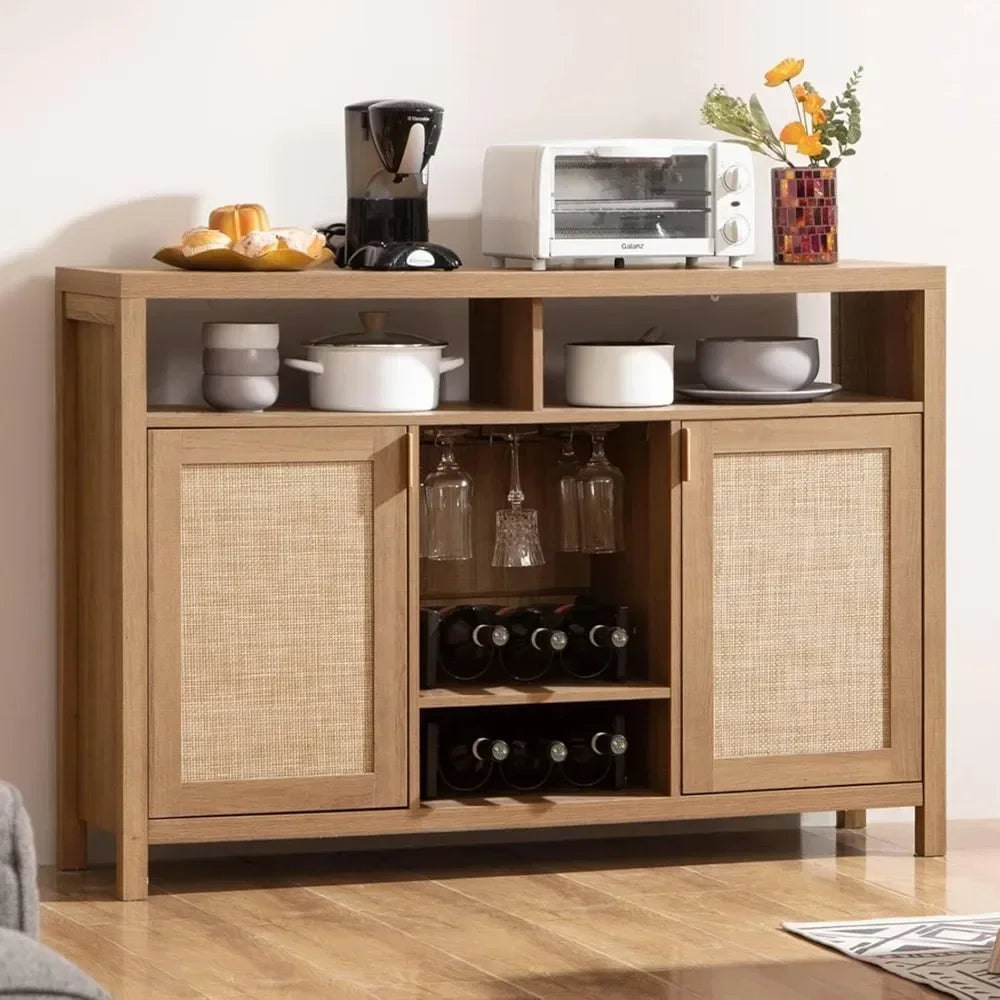 Coffee Bar Cabinet, 51" Rattan Buffet with Storage