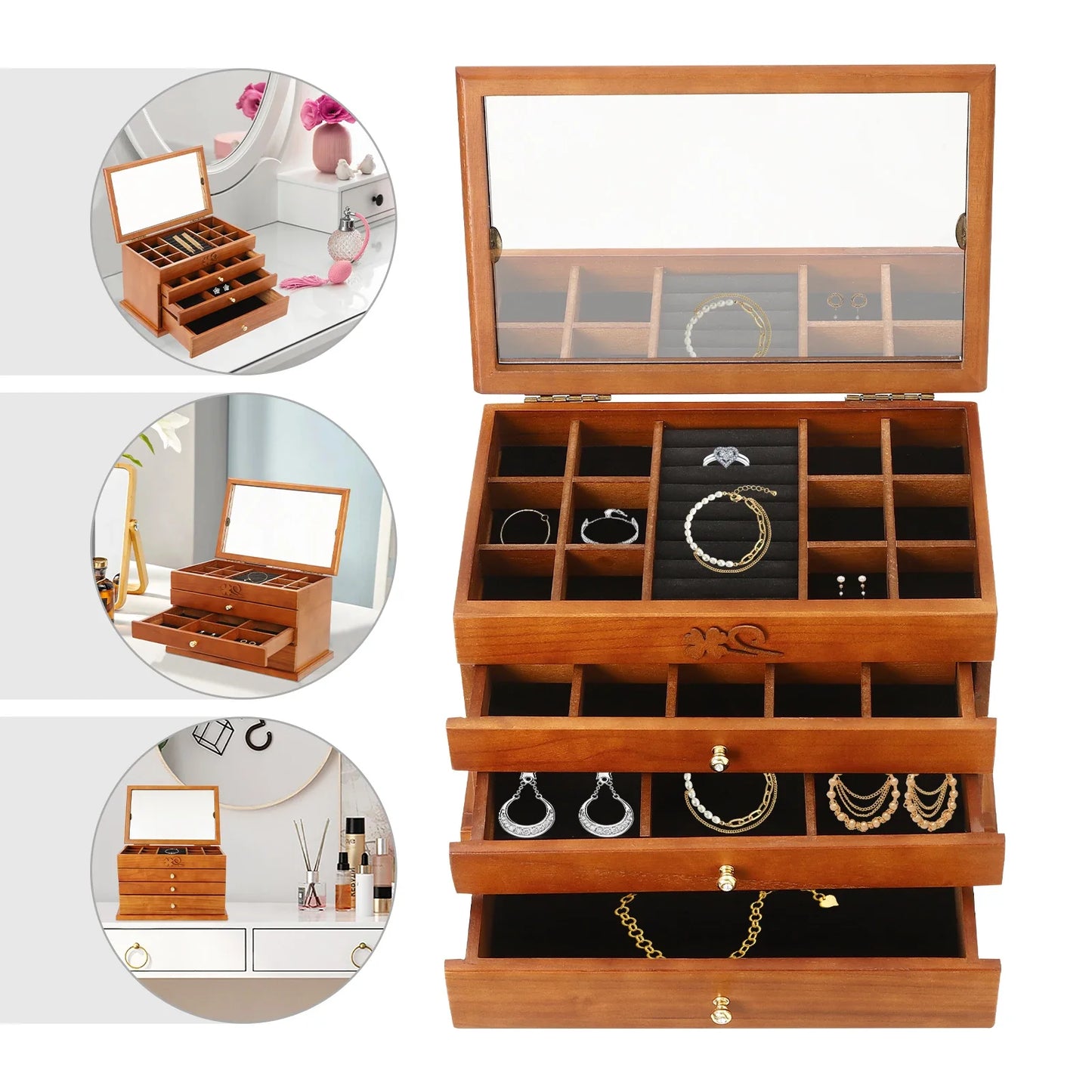 4 Layer Large Wooden Jewelry Box, Mirror, Drawers