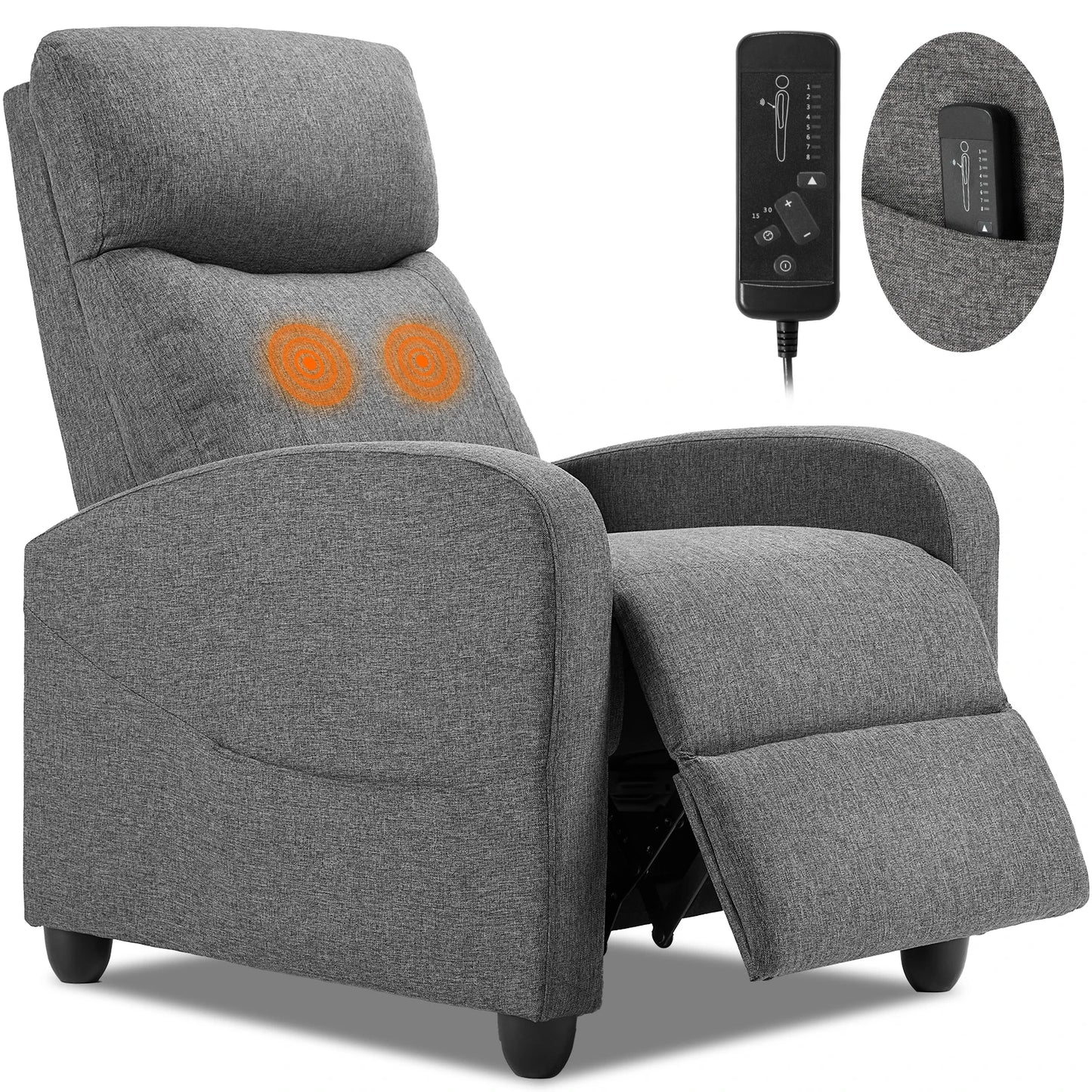 Recliner Chair, Massage, Lumbar Support, Adjustable.
