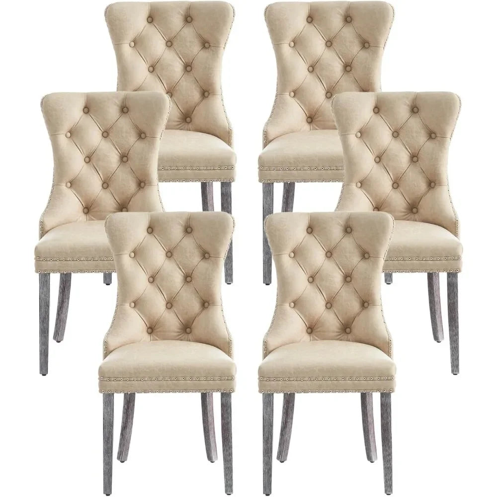 Set of 6 Wingback Leather Dining Chairs, Nail-Head Trim