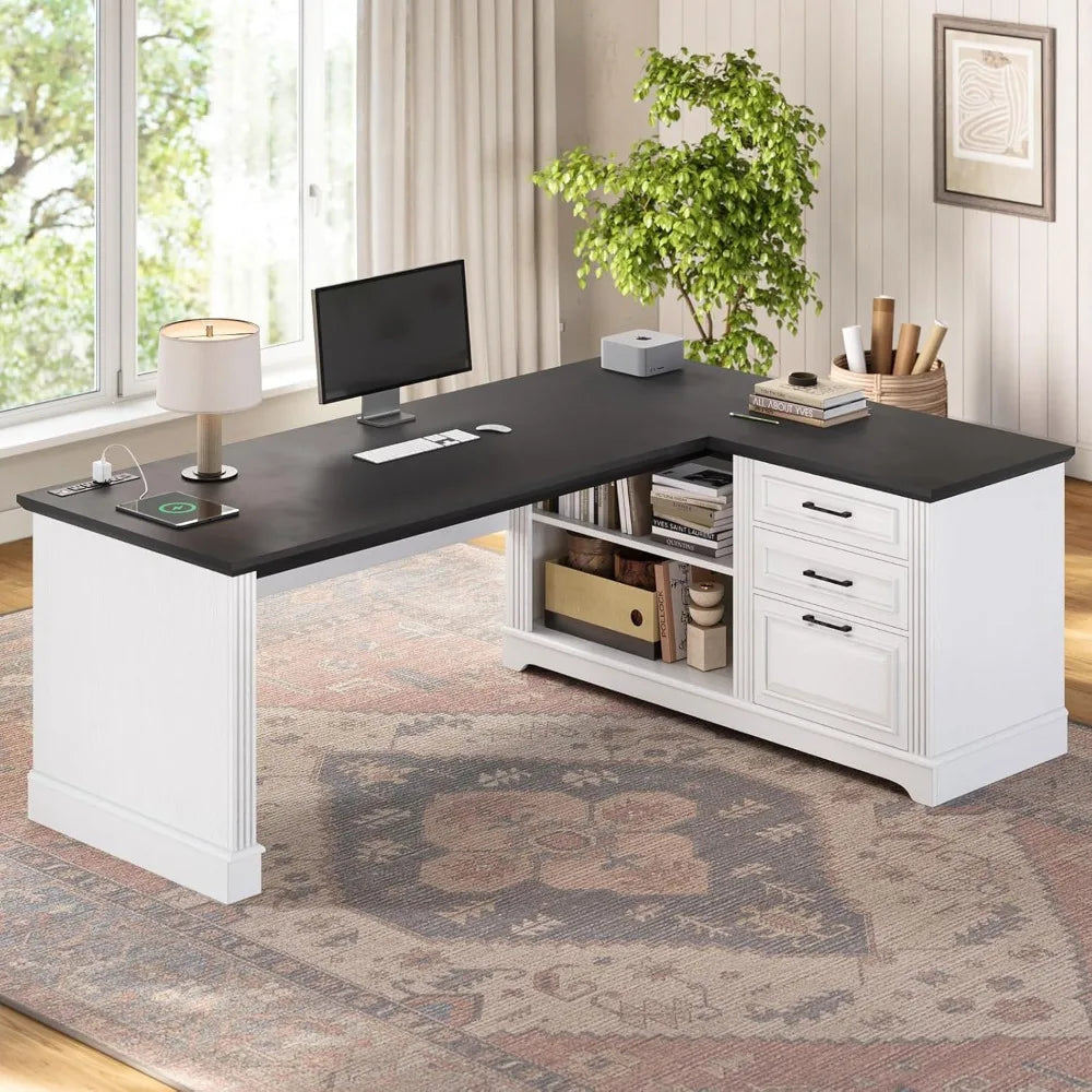 Farmhouse 61" Executive L Shaped Desk, File Drawers, Power.