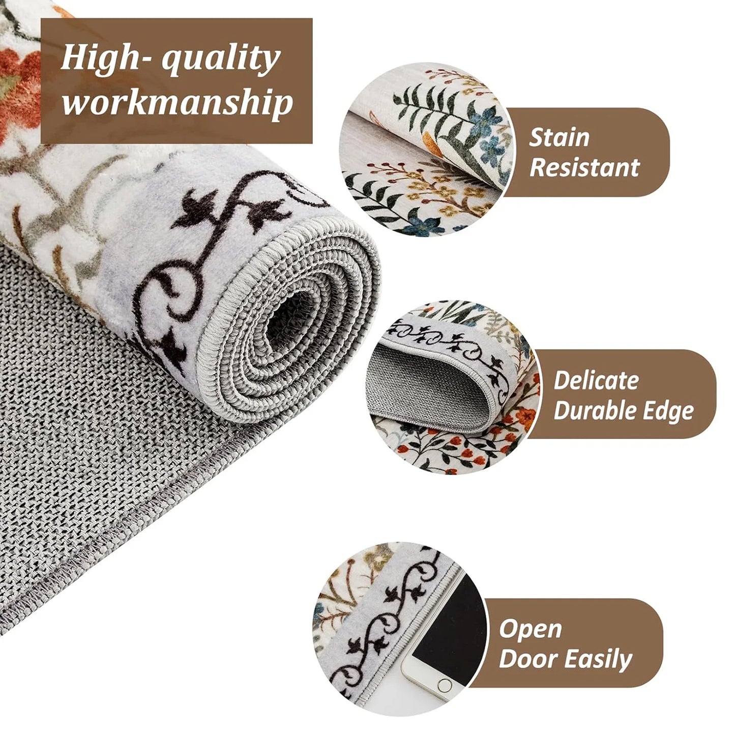 Washable Area Floral Rugs, Non-Slip
