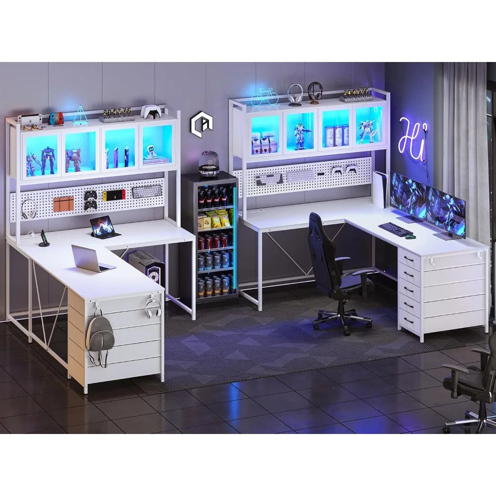 Computer Desk with Hutch, Shelves, Lights, and Power Outlet