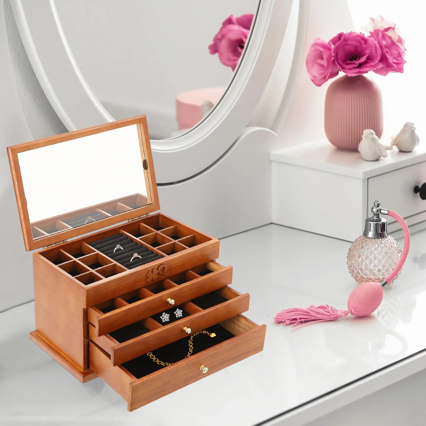 4 Layer Large Wooden Jewelry Box, Mirror, Drawers