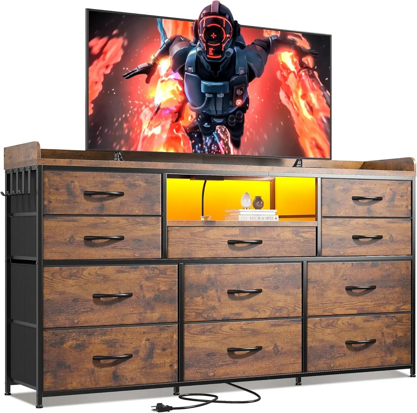 Bedroom Dresser, 11 Drawers, TV Stand & Shelves