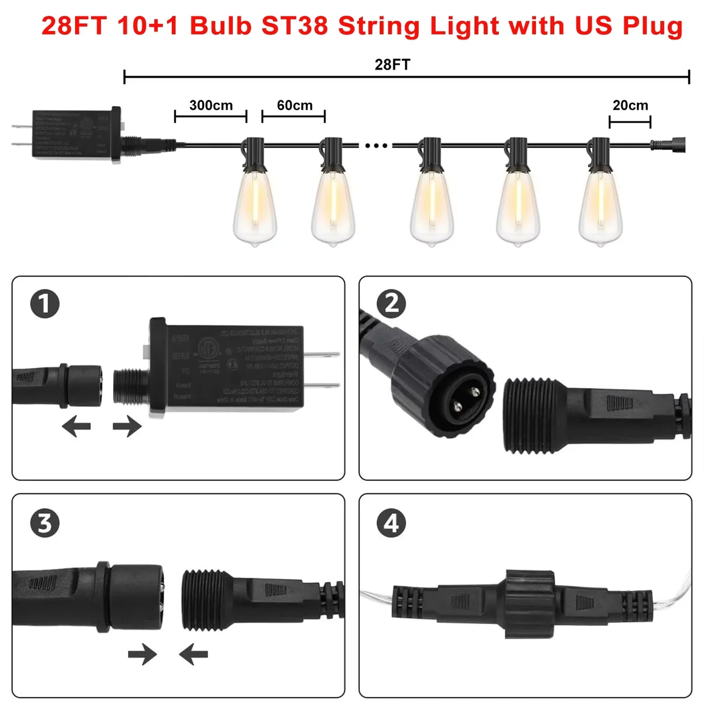 28ft Outdoor Light String - ST38 LED Bulbs