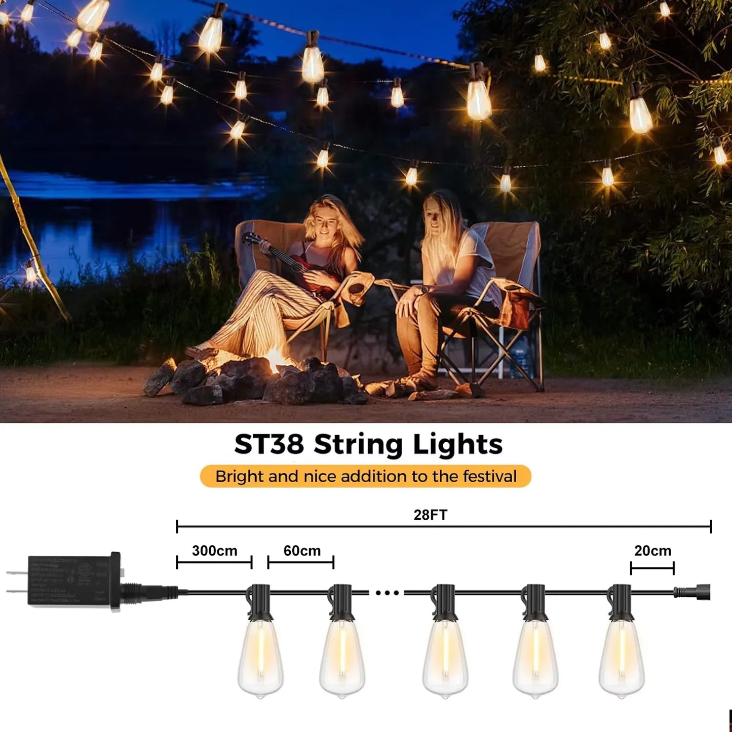 28ft Outdoor Light String - ST38 LED Bulbs
