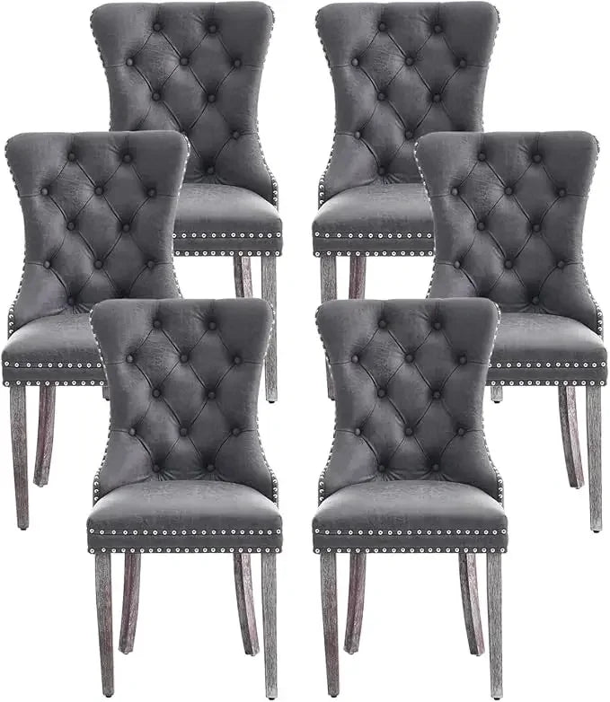 Set of 6 Wingback Leather Dining Chairs, Nail-Head Trim