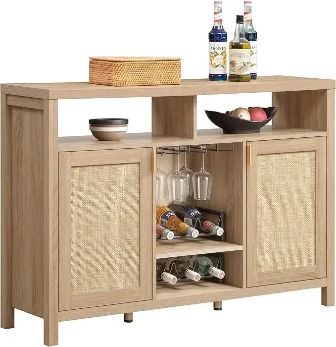 Coffee Bar Cabinet, 51" Rattan Buffet with Storage