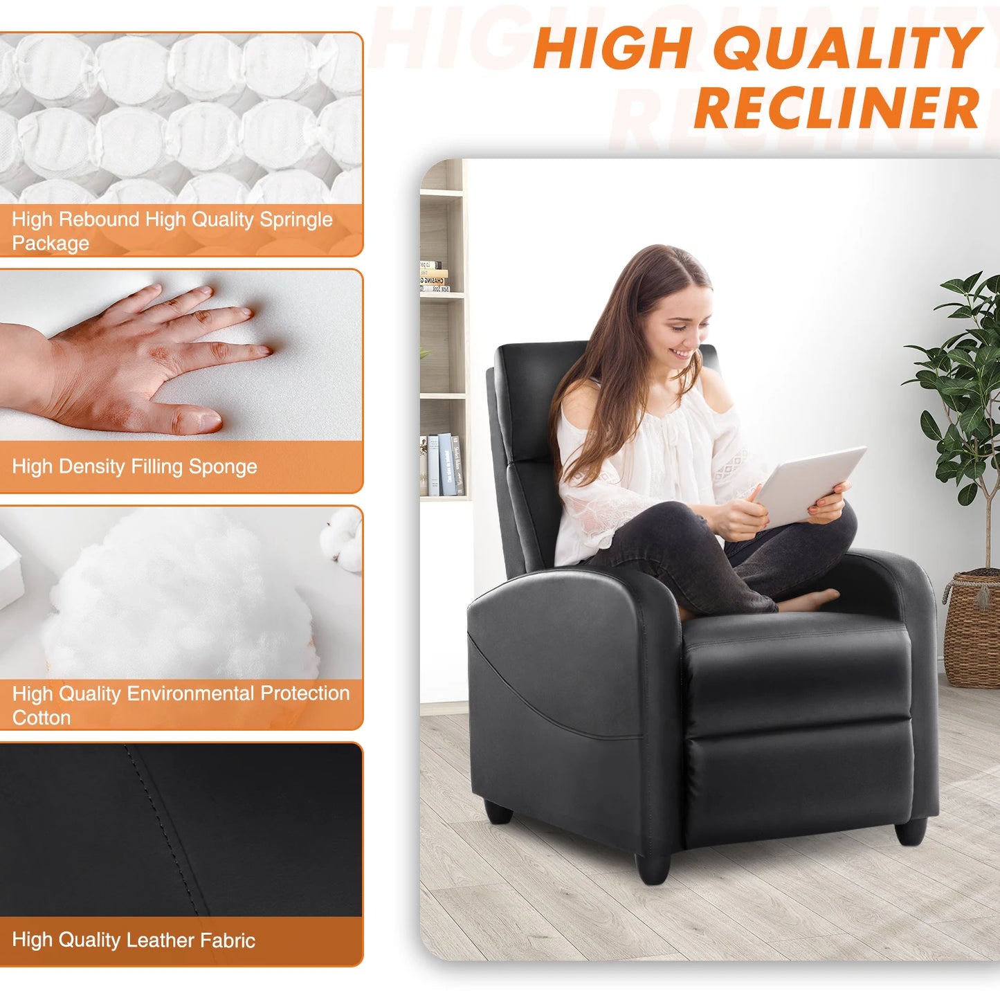 Recliner Chair, Massage, Lumbar Support, Adjustable.
