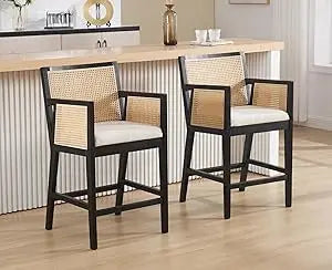 Modern Rattan Farmhouse Counter Height Barstools, Set of 2