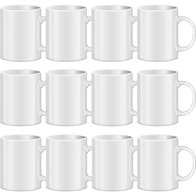 White Ceramic Mugs, 11 oz, Set of 12.