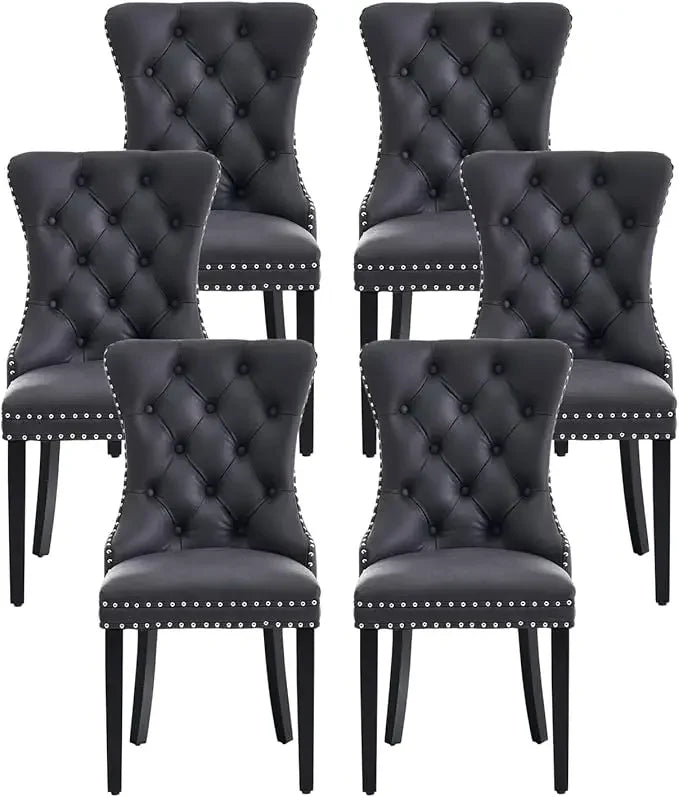 Set of 6 Wingback Leather Dining Chairs, Nail-Head Trim