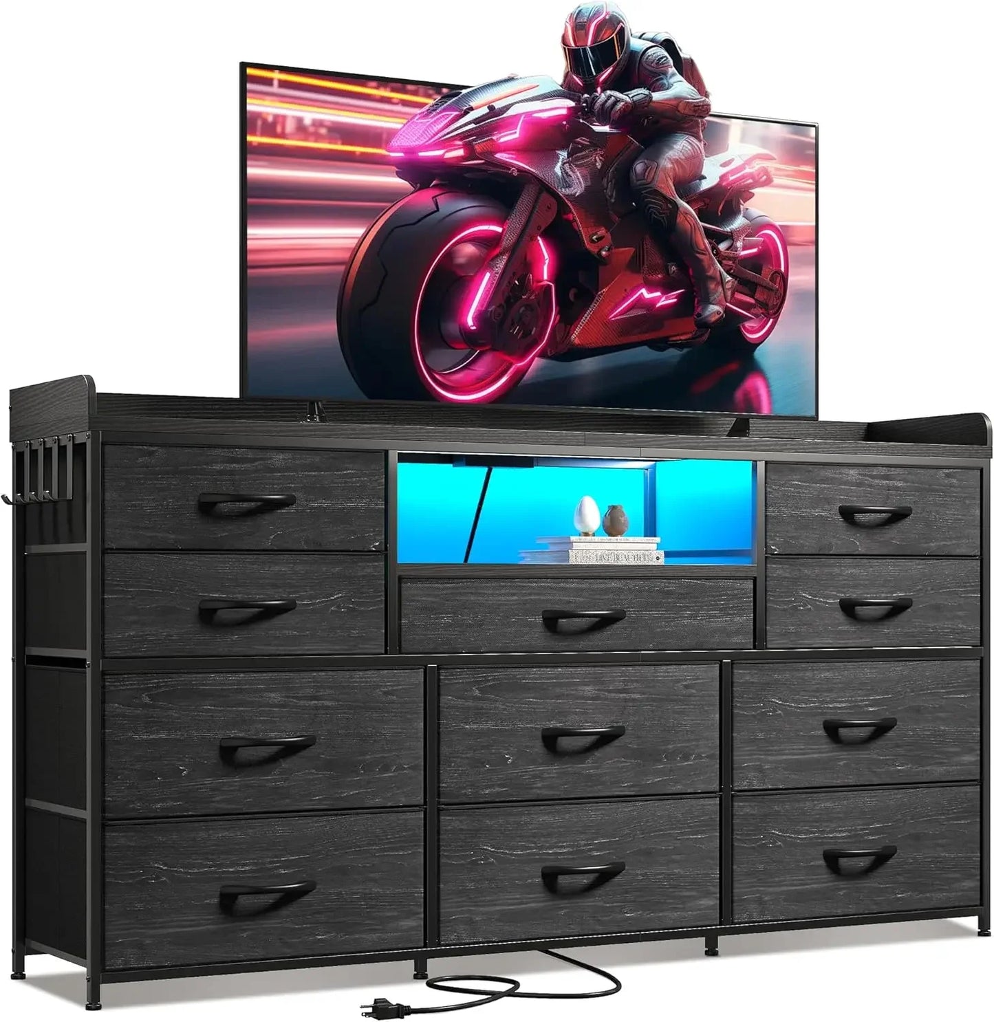 Bedroom Dresser, 11 Drawers, TV Stand & Shelves