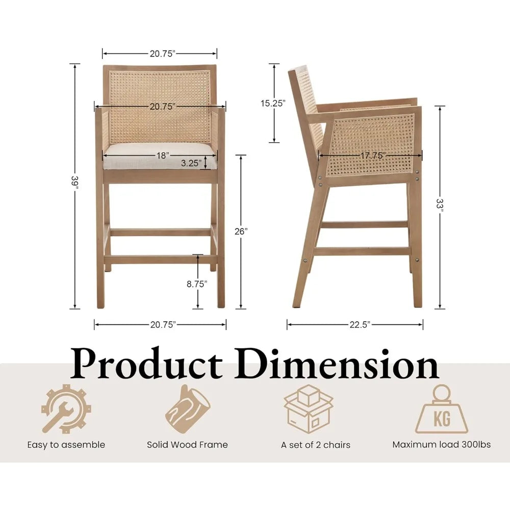 Modern Rattan Farmhouse Counter Height Barstools, Set of 2