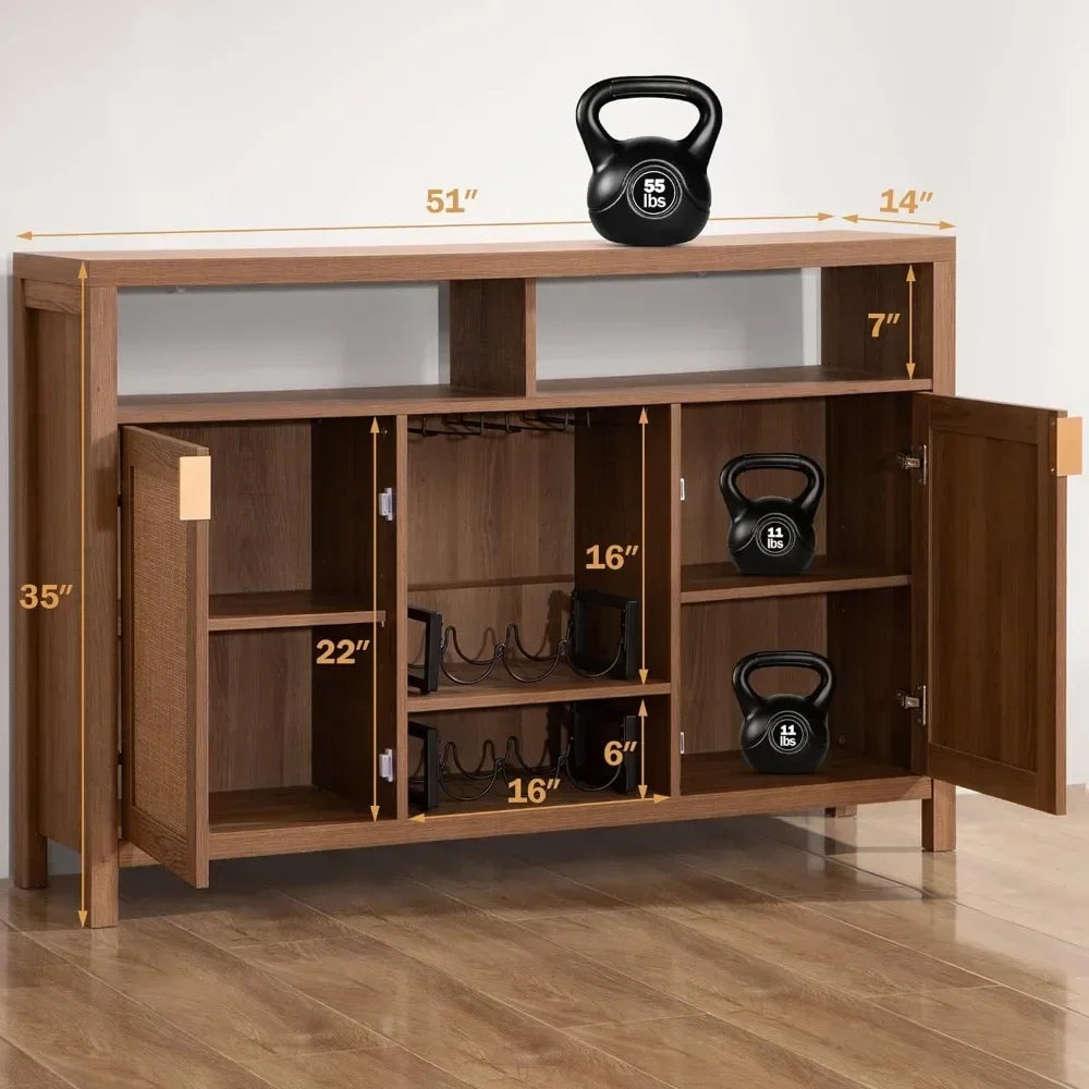 Coffee Bar Cabinet, 51" Rattan Buffet with Storage