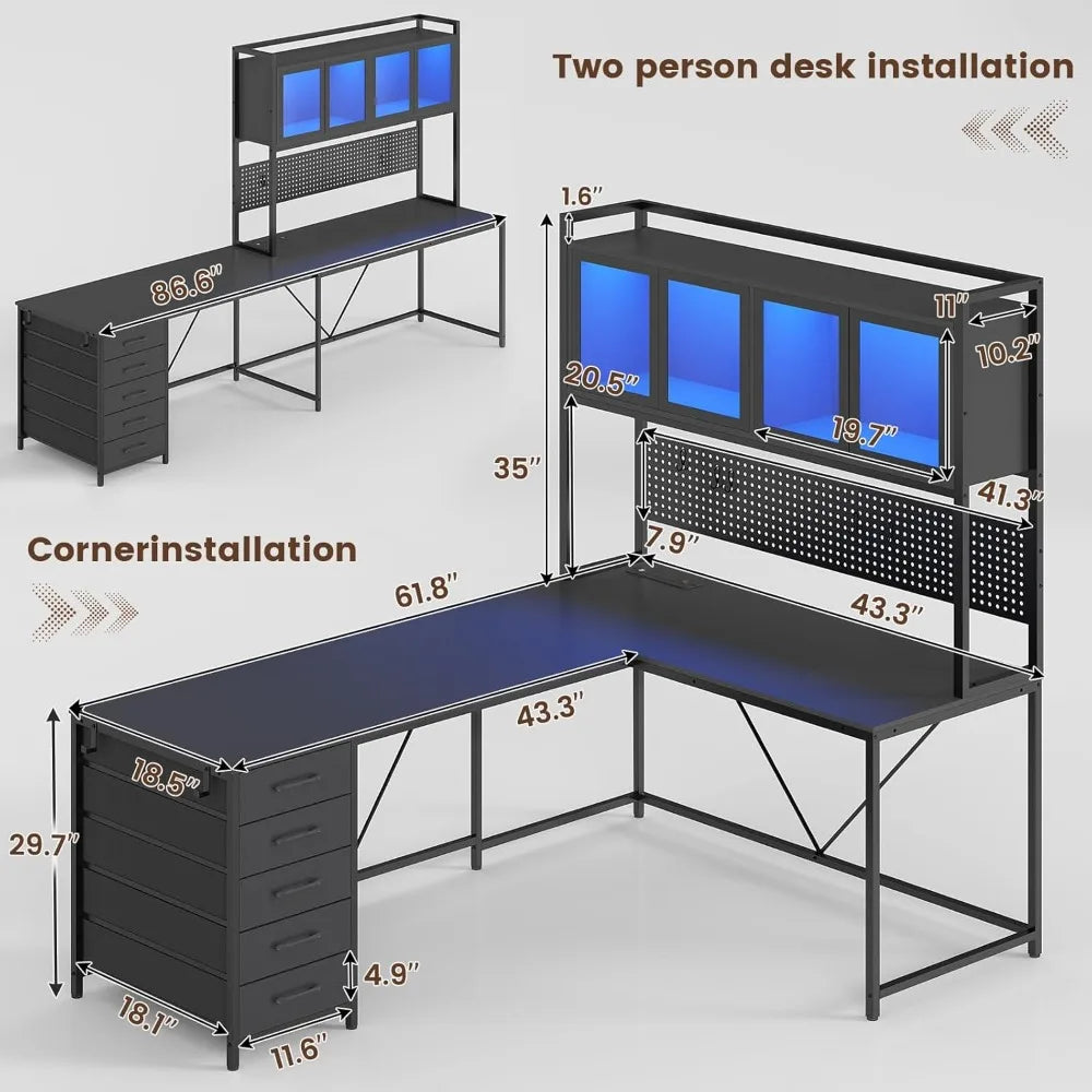 Computer Desk with Hutch, Shelves, Lights, and Power Outlet
