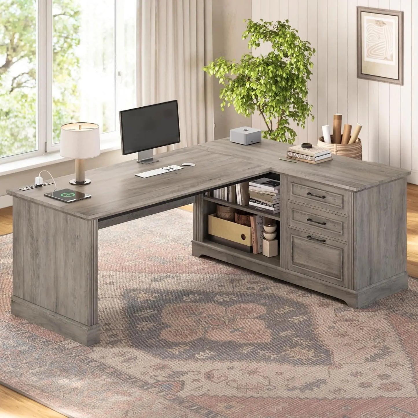 Farmhouse 61" Executive L Shaped Desk, File Drawers, Power.