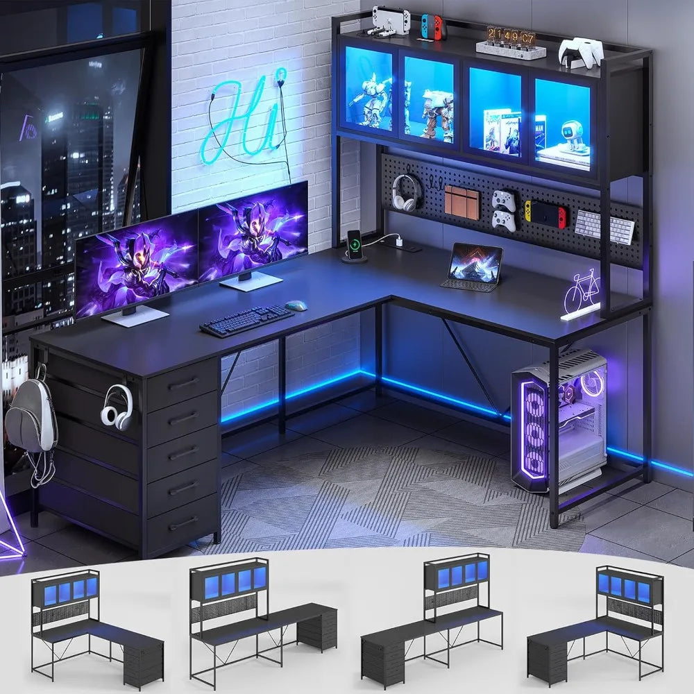 Computer Desk with Hutch, Shelves, Lights, and Power Outlet
