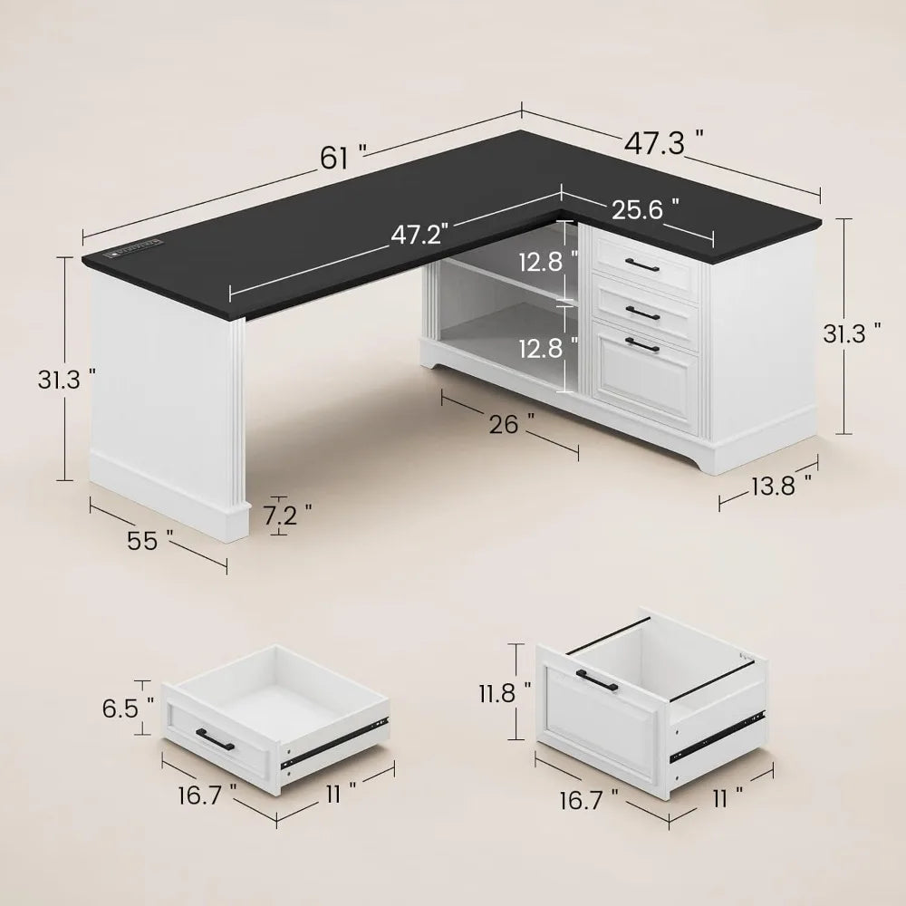Farmhouse 61" Executive L Shaped Desk, File Drawers, Power.
