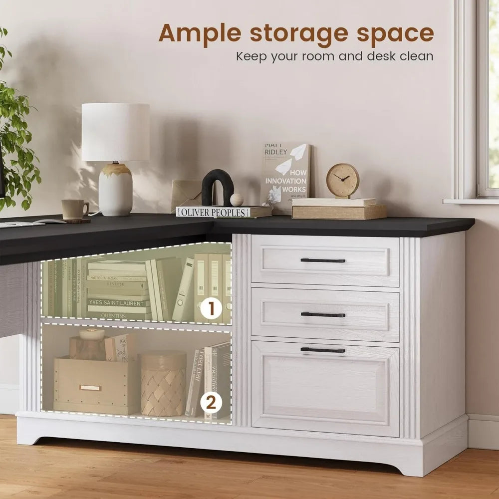 Farmhouse 61" Executive L Shaped Desk, File Drawers, Power.