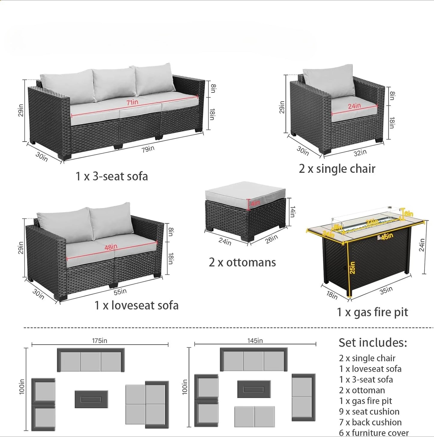 7 Piece Outdoor Furniture Set, 45-Inch Propane Fire Pit
