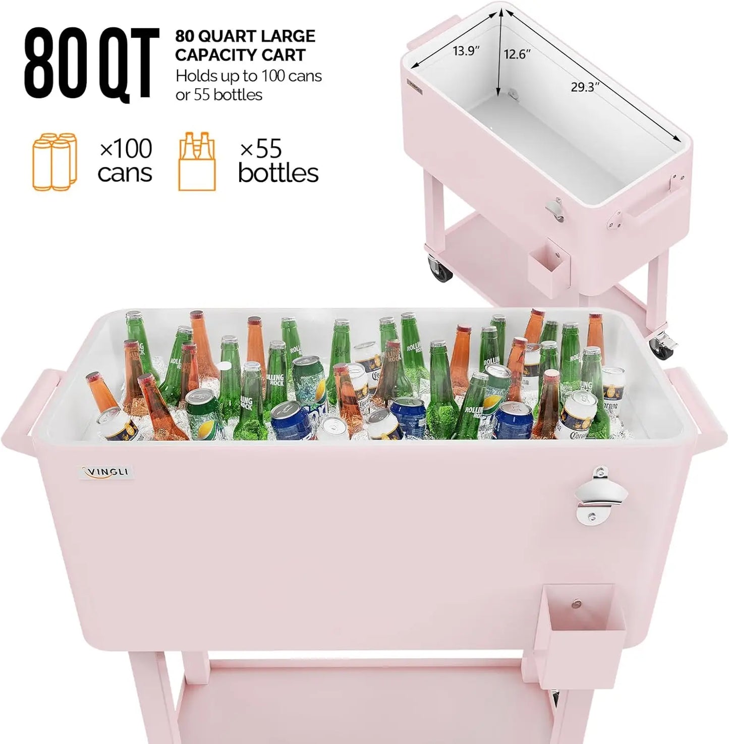 80 Quart Rolling Ice Chest, Portable Patio Party Bar Drink Cooler Cart, with Shelf, Beverage Pool with Bottle Opener