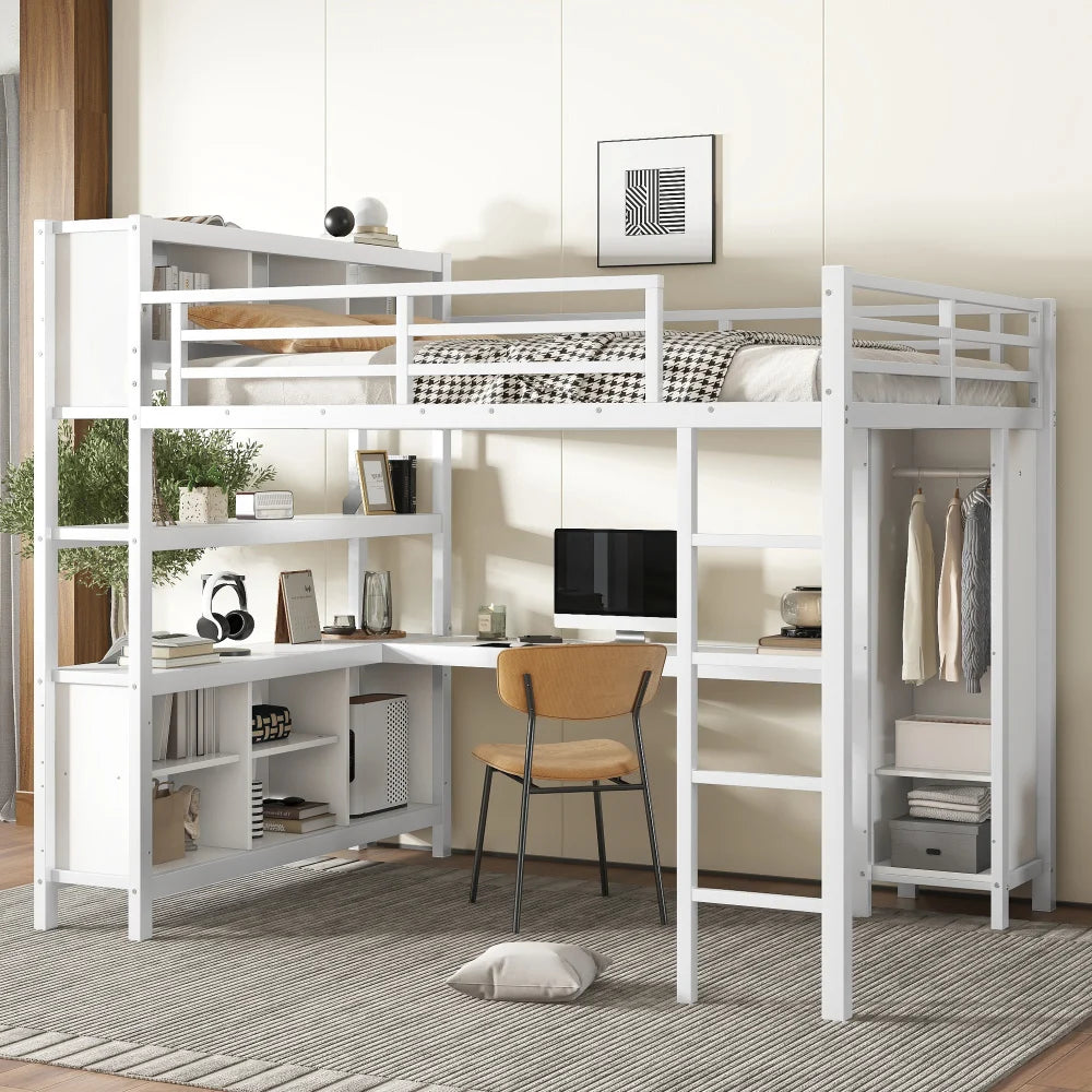 Metal Loft Queen Bed, Wardrobe, Desk, & Storage