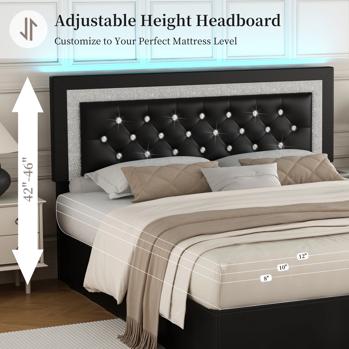 Adjustable Tufted Queen Headboard, Frame & LED Lighting
