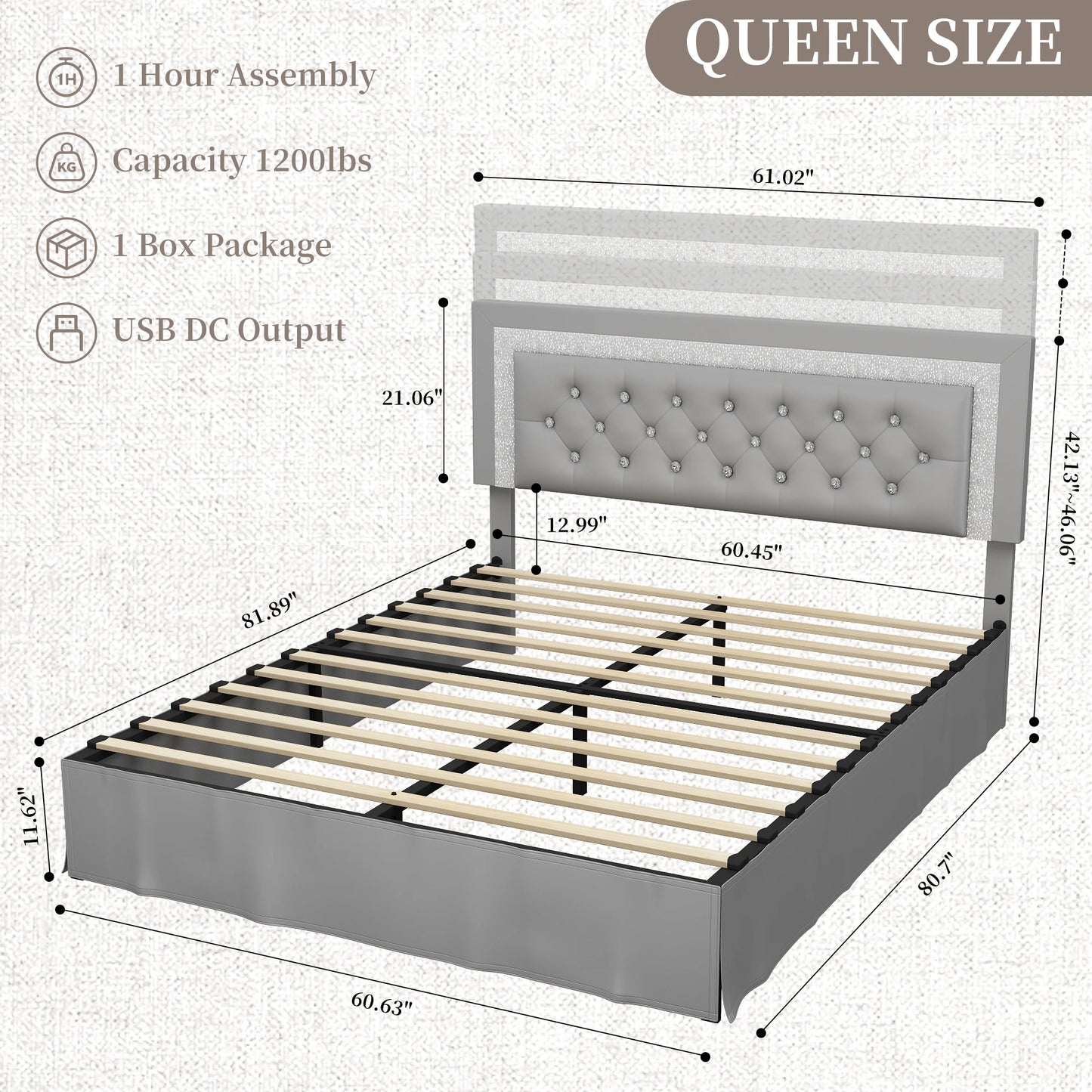 Adjustable Tufted Queen Headboard, Frame & LED Lighting