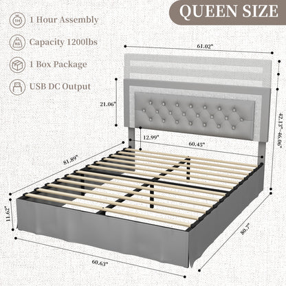 Adjustable Tufted Queen Headboard, Frame & LED Lighting