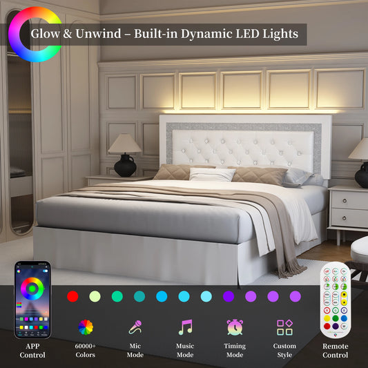 Adjustable Tufted Queen Headboard, Frame & LED Lighting