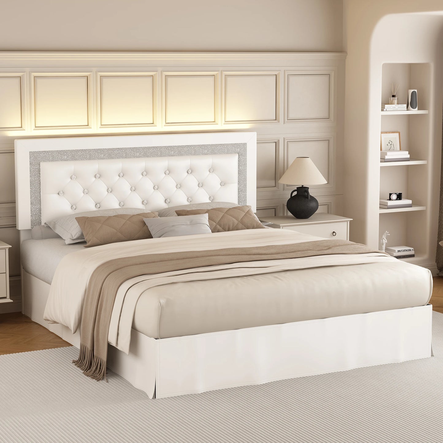 Adjustable Tufted Queen Headboard, Frame & LED Lighting