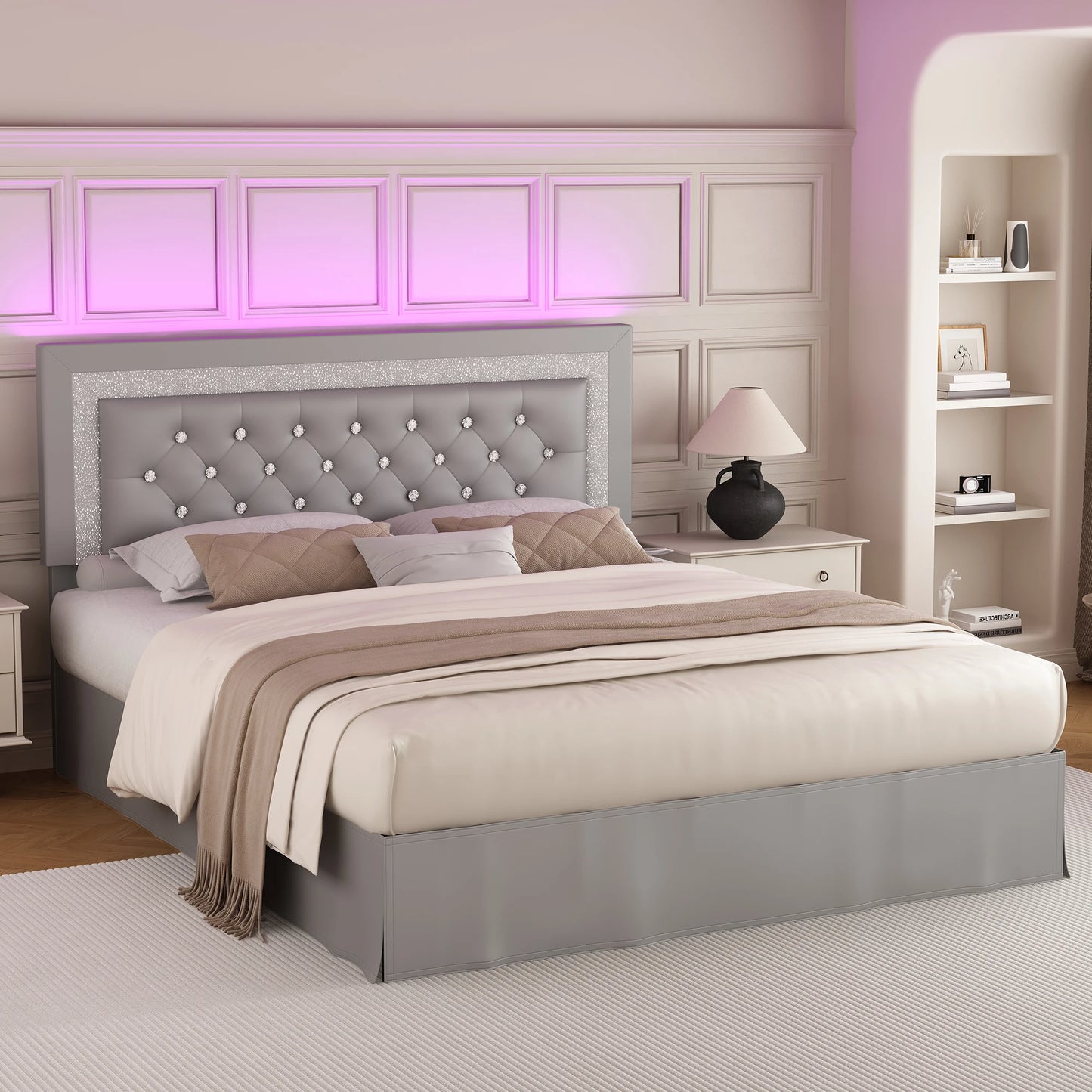 Adjustable Tufted Queen Headboard, Frame & LED Lighting