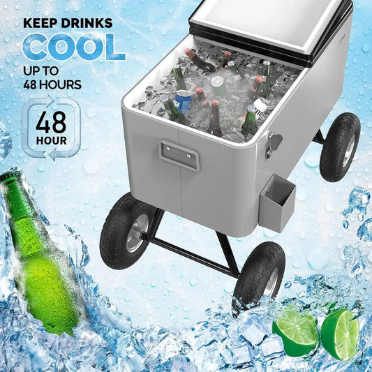 80 Quart Wagon Rolling Cooler Ice Chest, 10" Wheels