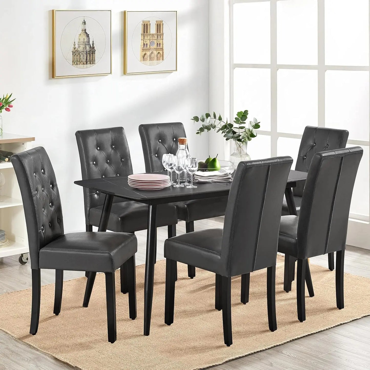 Set of 6 Modern Tufted Faux Leather Dining Chairs