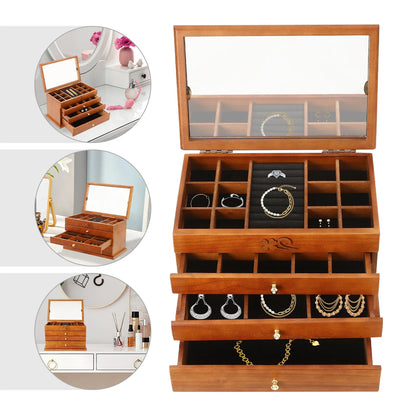 4 Layer Large Wooden Jewelry Box, Mirror, Drawers