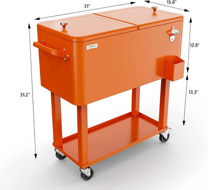 80 Quart Rolling Ice Chest, Portable Patio Party Bar Drink Cooler Cart, with Shelf, Beverage Pool with Bottle Opener