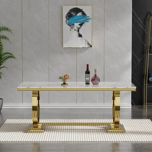 70"  Dining Table with Faux Marble Top, Seats 6-8