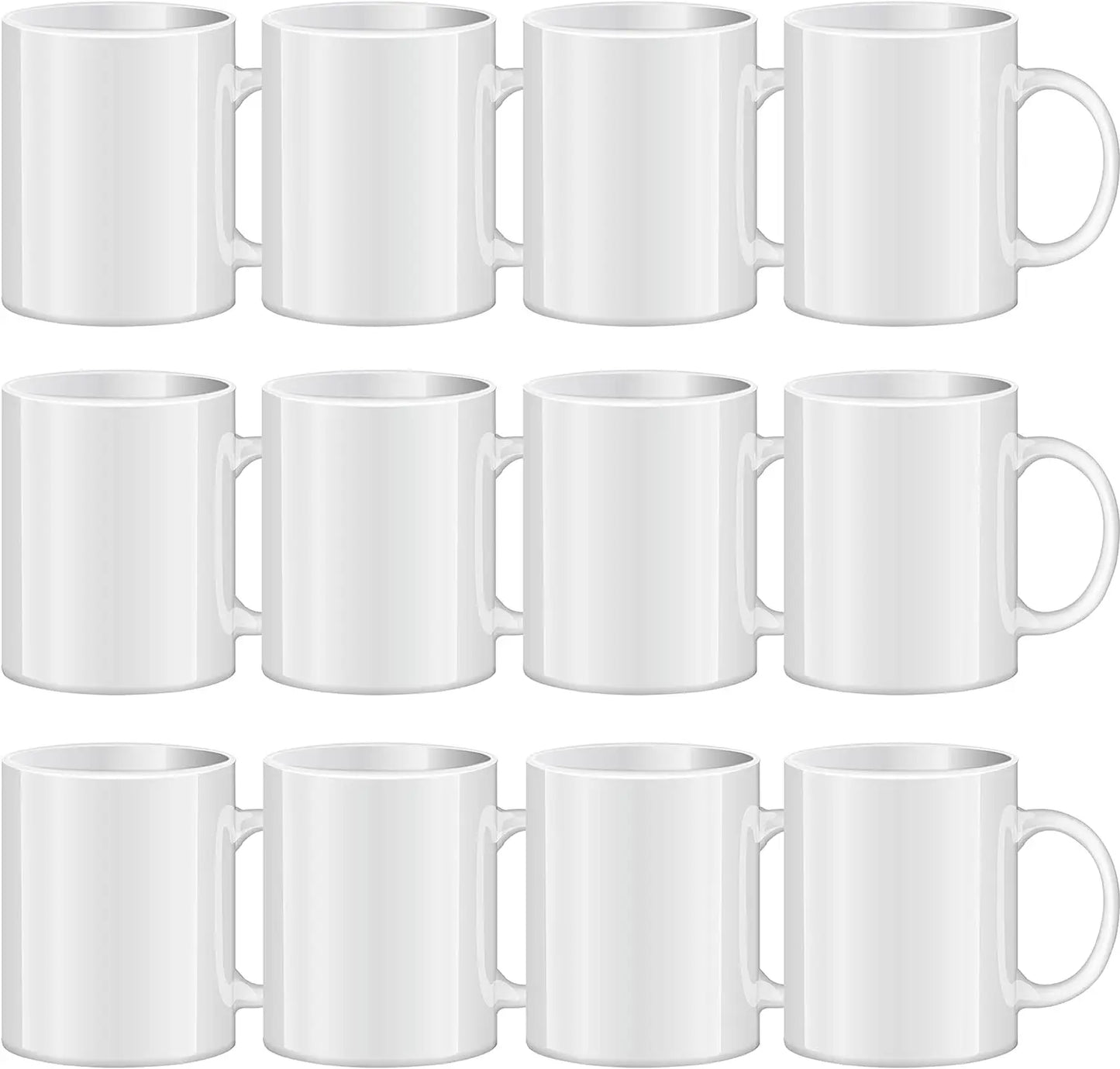 White Ceramic Mugs, 11 oz, Set of 12.