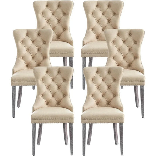 Set of 6 Wingback Leather Dining Chairs, Nail-Head Trim