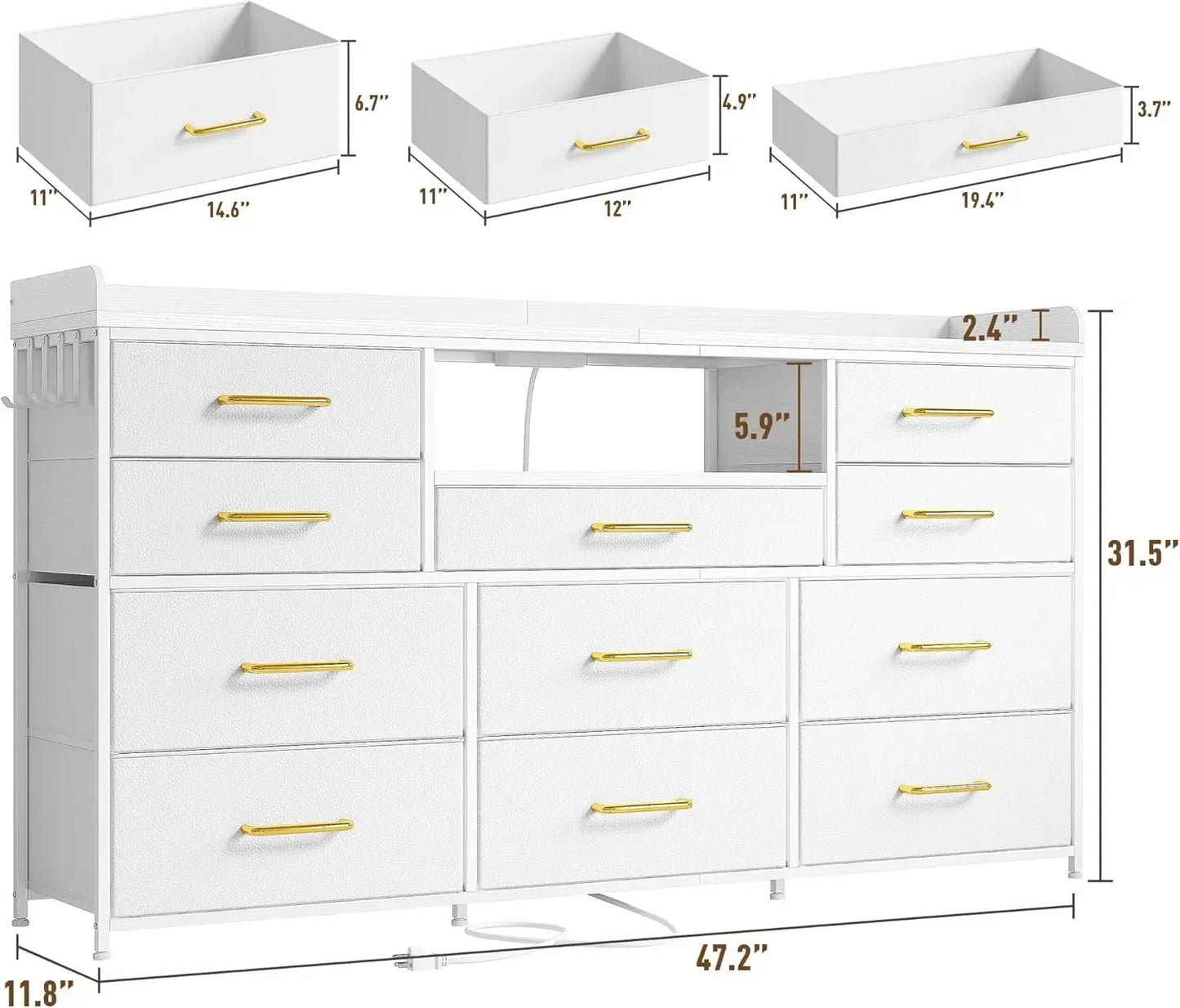 Bedroom Dresser, 11 Drawers, TV Stand & Shelves
