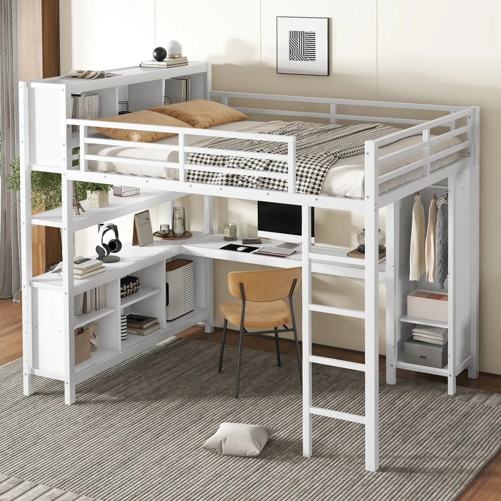 Metal Loft Queen Bed, Wardrobe, Desk, & Storage