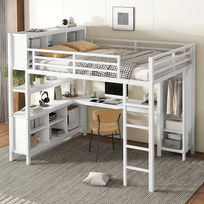 Metal Loft Queen Bed, Wardrobe, Desk, & Storage