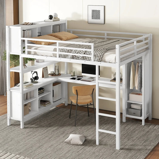 Metal Loft Queen Bed, Wardrobe, Desk, & Storage