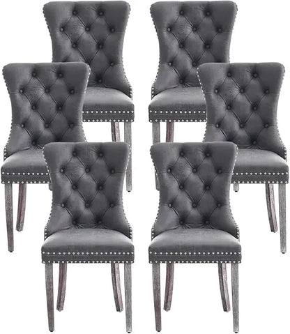 Set of 6 Wingback Leather Dining Chairs, Nail-Head Trim