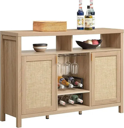 Coffee Bar Cabinet, 51" Rattan Buffet with Storage