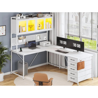 Computer Desk with Hutch, Shelves, Lights, and Power Outlet