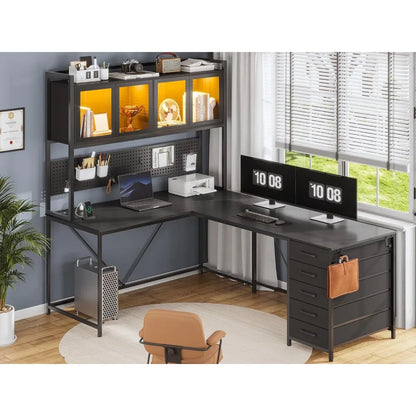 Computer Desk with Hutch, Shelves, Lights, and Power Outlet