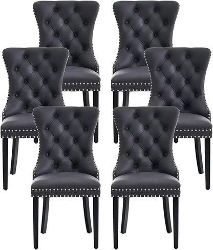 Set of 6 Wingback Leather Dining Chairs, Nail-Head Trim